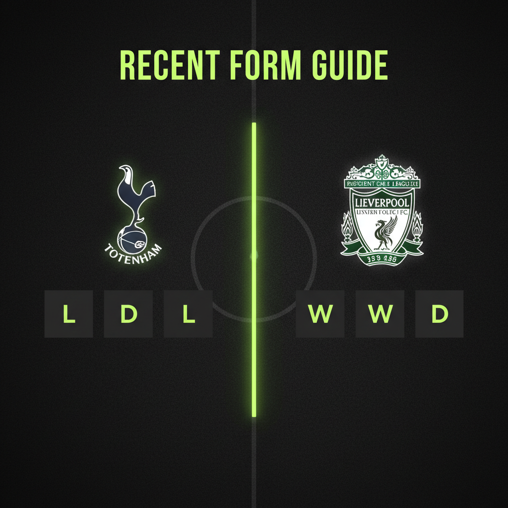 Premier League form guide comparing Tottenham and Liverpool with a lime green and dark color scheme.
