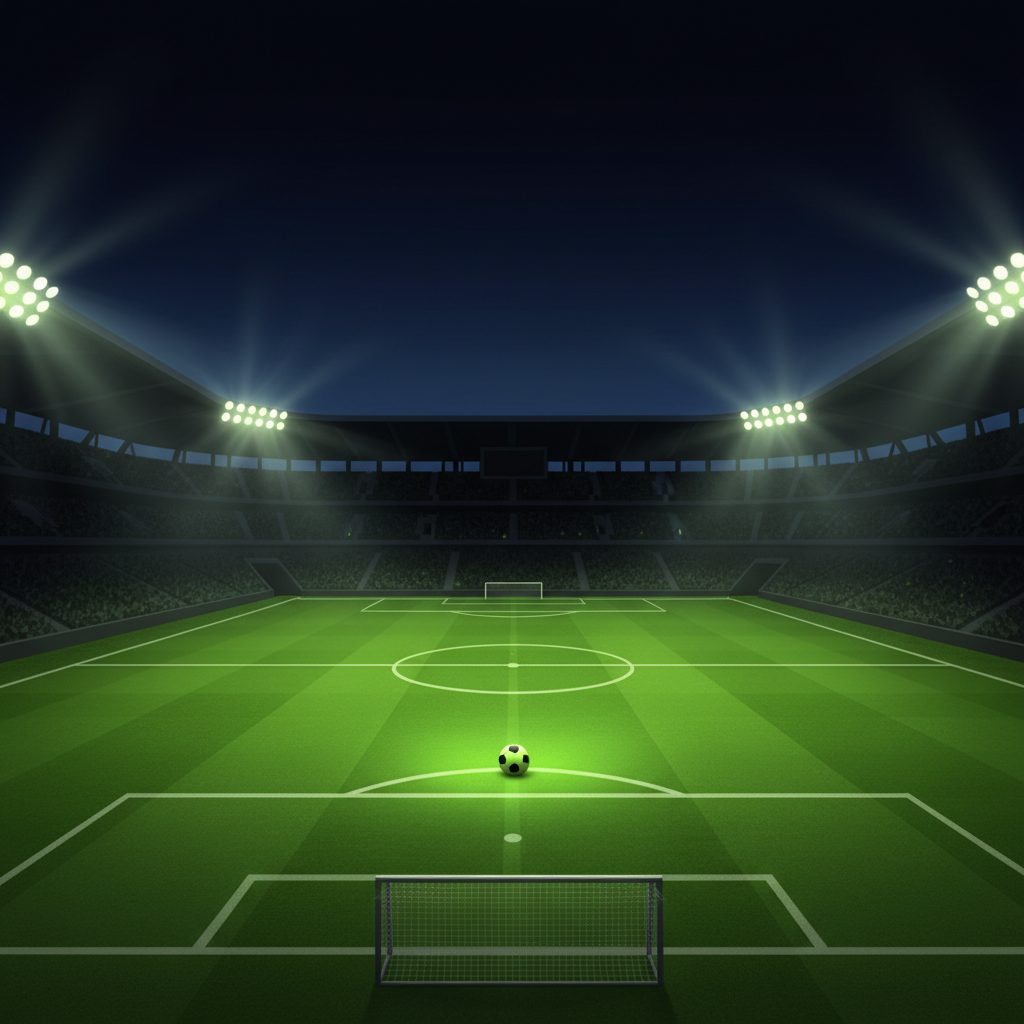 Artistic illustration of the Fez Stadium at night with a glowing lime green pitch and dark tones, setting the stage for the Uganda vs Nigeria AFCON match.