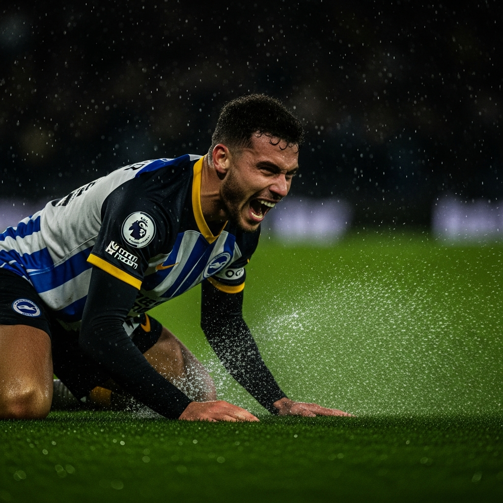 A dramatic, action-shot of a football match at night under stadium lights. Brighton striker Georginio Rutter celebrates a late goal with intense joy. The West Ham goalkeeper is dejected in the background. Vibrant lime green light glows from digital advertising boards, casting an electric hue on players and falling rain.