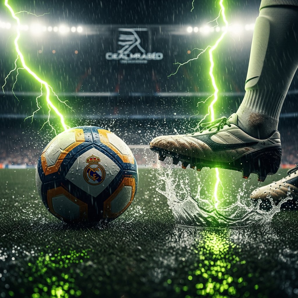 Dramatic image of a frustrated Jude Bellingham with a stylized bandage, glowing lime green, and text "MADRID MELTDOWN"