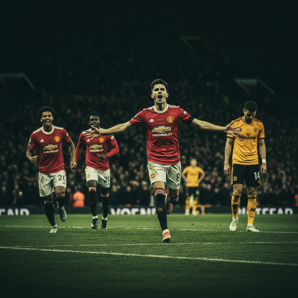 Manchester United players celebrate a goal against Wolves in their previous encounter, highlighted with a lime green and dark tone.
