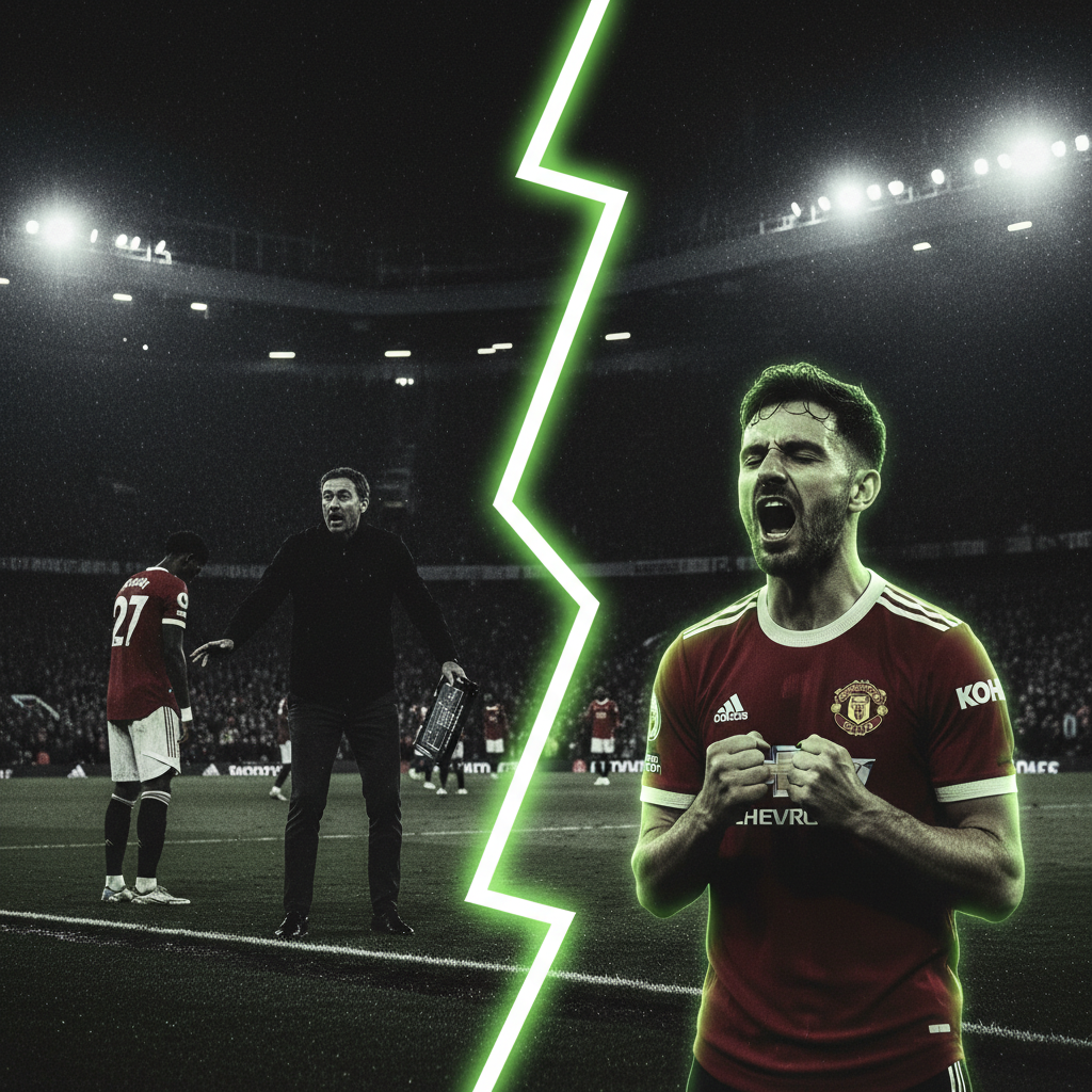 Manchester United manager Ruben Amorim issuing tactical instructions from the sideline during a Premier League match.