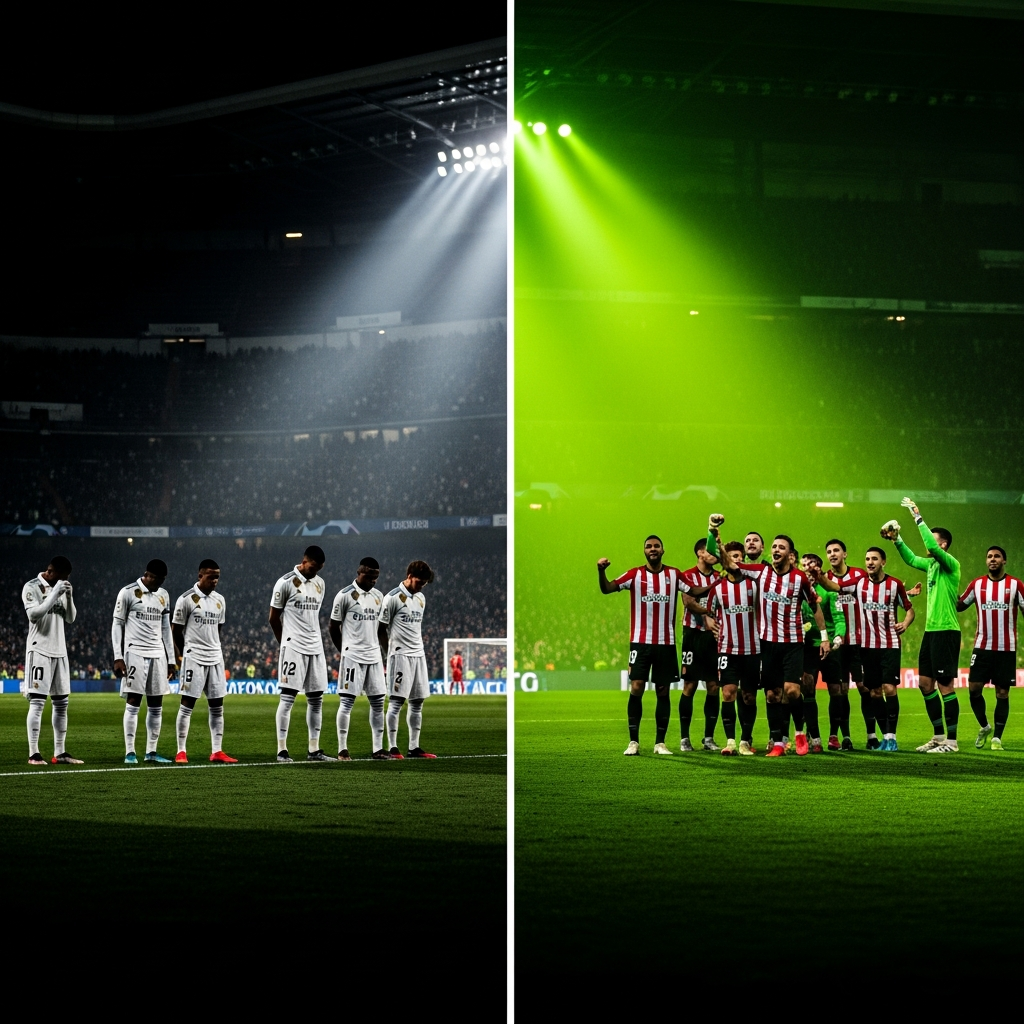 Dejected Real Madrid players and celebrating Celta Vigo players on a dark stadium pitch with vibrant lime green accents