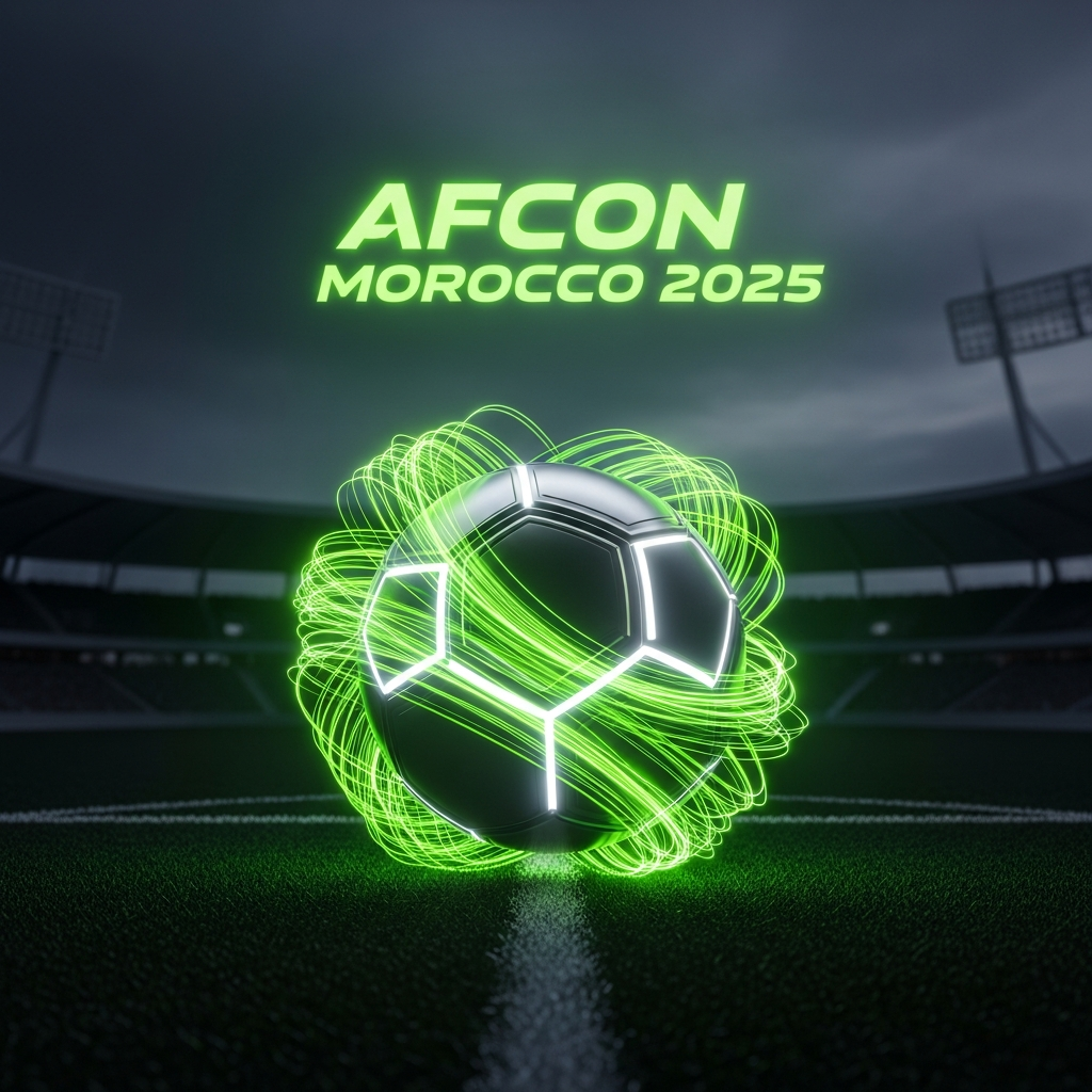 A 16:9 cinematic shot of a futuristic football with vibrant lime green light trails and text "AFCON MOROCCO 2025", representing the tournament thumbnail.