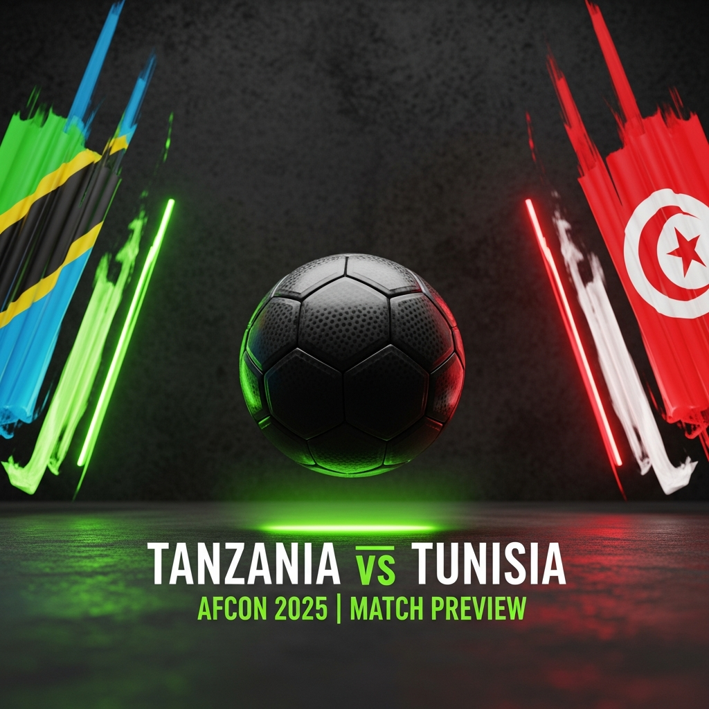 A dramatic, high-contrast 16:9 sports graphic for a football match preview between Tanzania and Tunisia. The background is a dark, moody charcoal texture. Elements of the Tanzanian flag streak across diagonally, transitioning into abstract, glowing lime green light trails. On the right, elements of the Tunisian flag do the same. In the center, a hyper-realistic, dark-toned football seems to hover. The bold, modern text "TANZANIA vs TUNISIA" is displayed in a sharp, white font, with "AFCON 2025 | MATCH PREVIEW" below it in lime green.