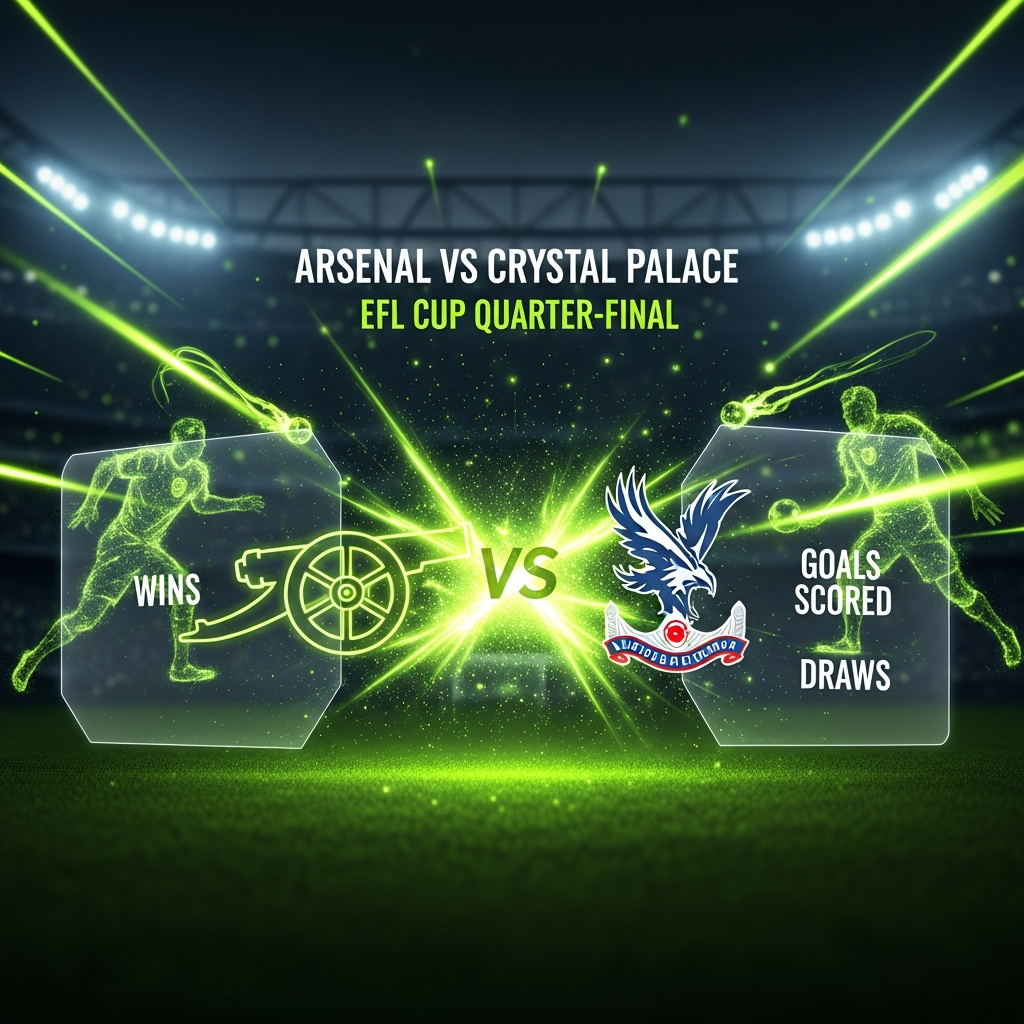 A dynamic 16:9 sports thumbnail with a dark, moody tone. An abstract, glowing lime green cannon emblem for Arsenal clashes with a similarly styled lime green eagle emblem for Crystal Palace in the center. Energy trails and light particles in lime green emanate from the impact point, set against a blurred, dark football stadium background at night. The text Arsenal vs Crystal Palace and EFL Cup Quarter-Final is in a modern, bold white font.
