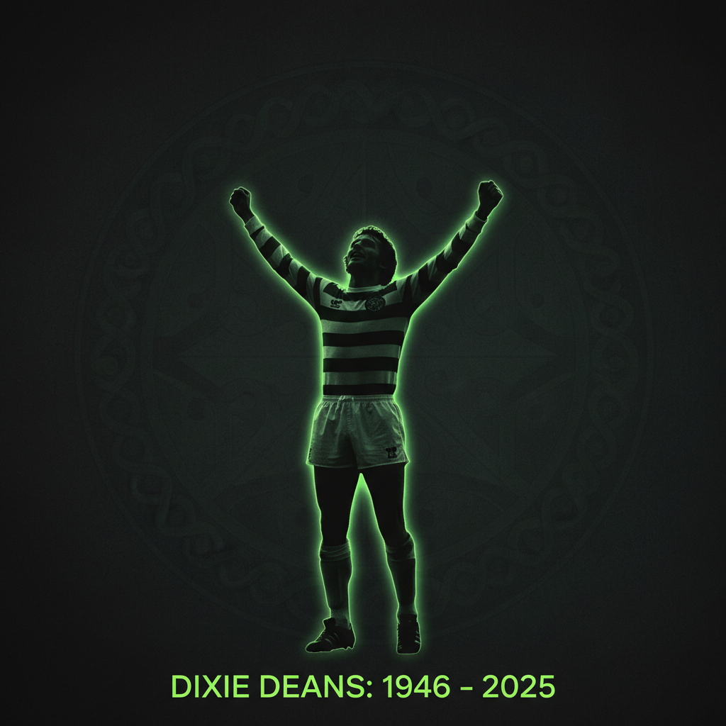 Celtic legend Dixie Deans in action, captured with a lime green and dark color scheme.