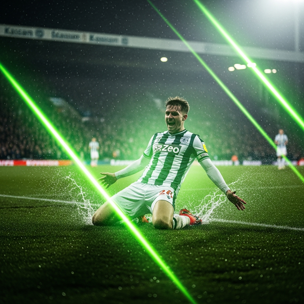 A 16:9 cinematic football action shot. Preston North End striker Daniel Jebbison is the central focus, captured mid-celebration after scoring the winning goal. He has a joyful and triumphant expression, sliding on his knees on the wet grass. The stadium background is dark and atmospheric, with the crowd blurred. The overall color scheme is dark and moody, punctuated by intense, vibrant lime green light effects that streak across the image and highlight Jebbison, creating a dramatic and high-energy feel.