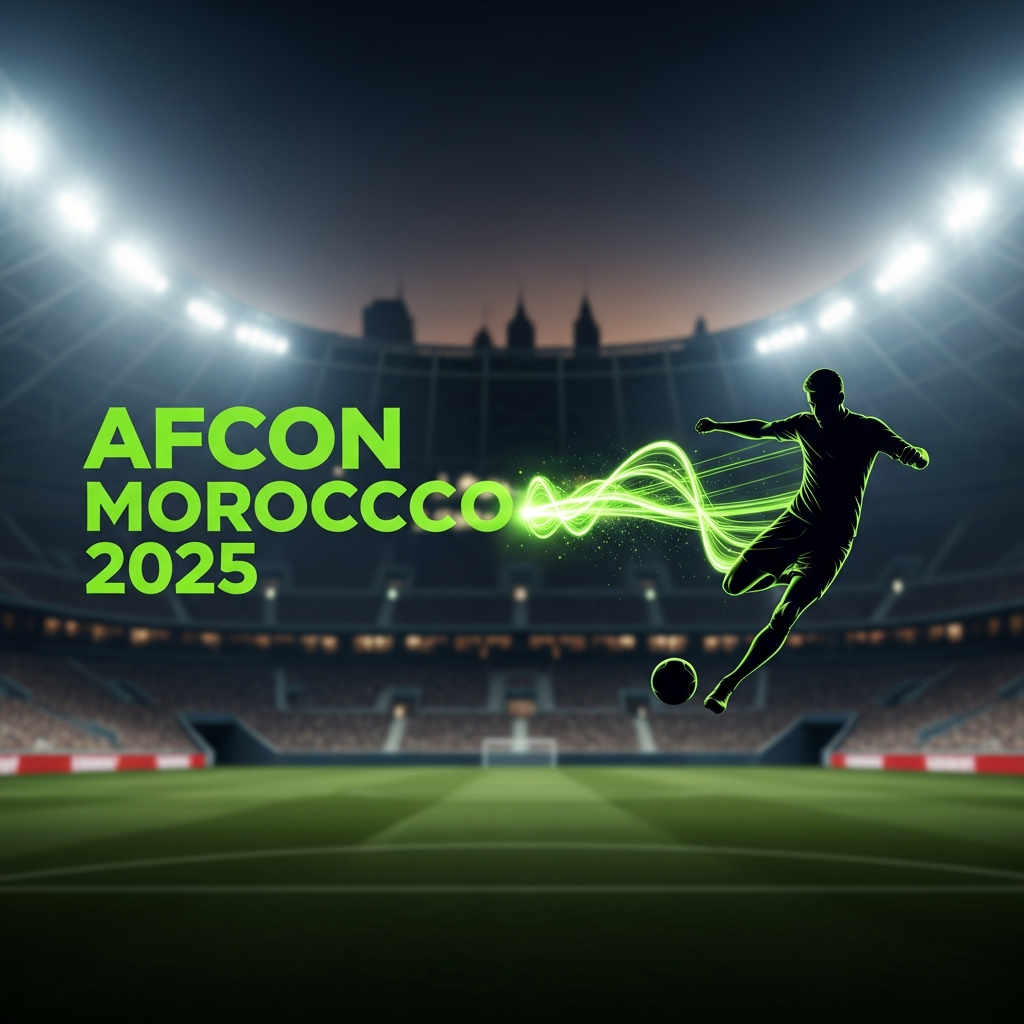 AFCON Morocco 2025 cinematic thumbnail image with lime green text and footballer silhouette