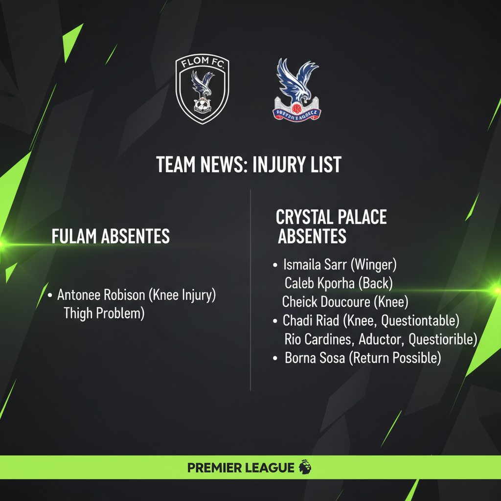 Team news graphic for Fulham vs Crystal Palace listing key player injuries against a dark and lime green background.