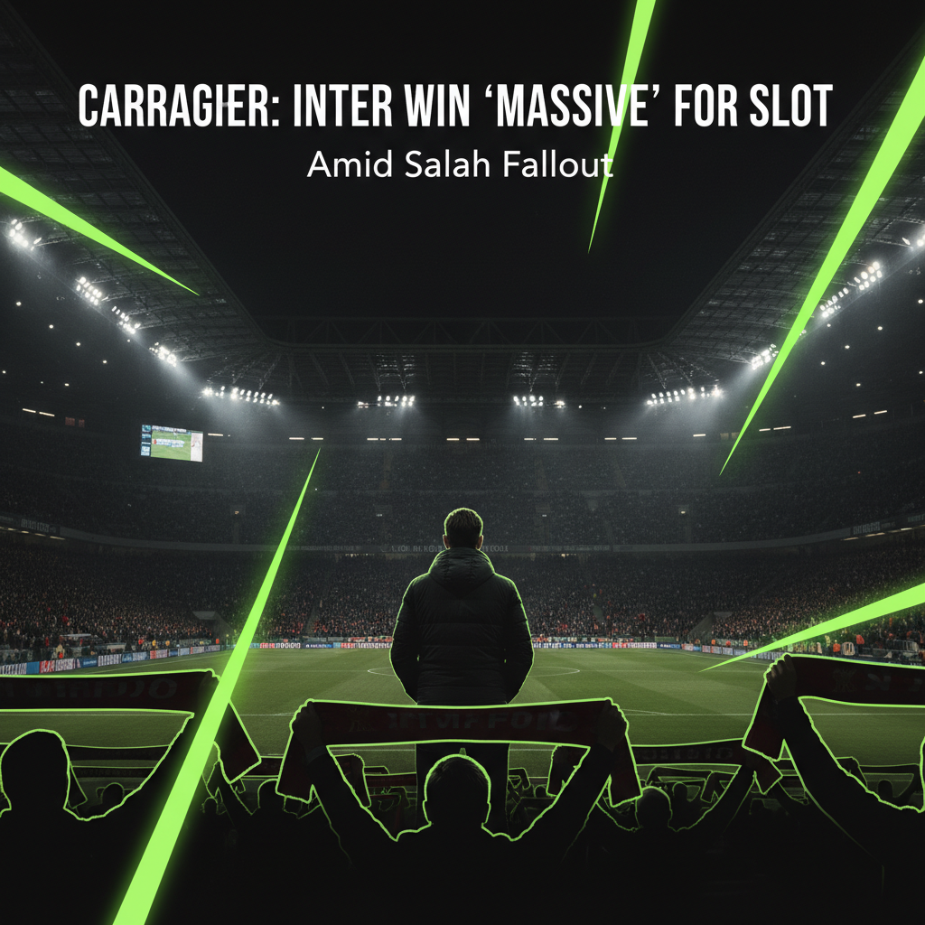 Liverpool fans show their support in the stadium, stylized with a dark tone and lime green highlights on their scarves.