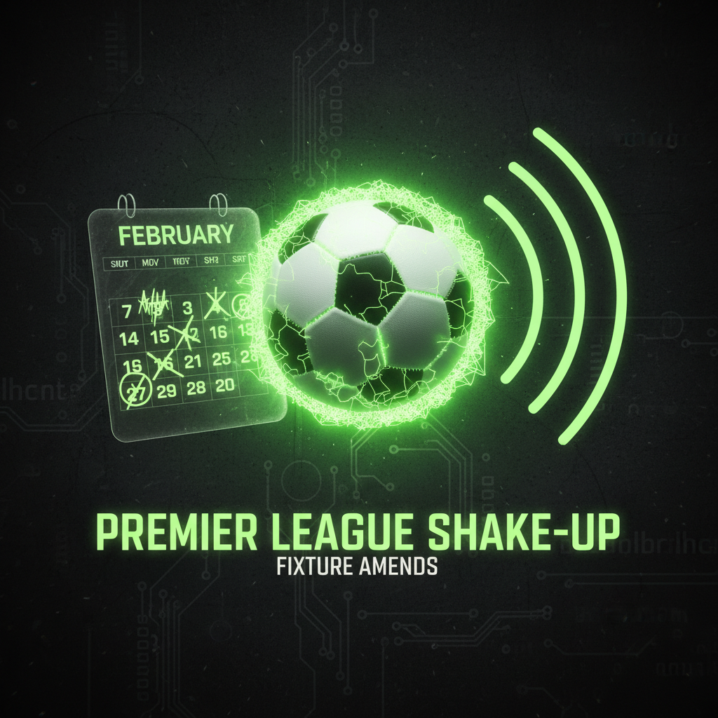 Graphic with lime green floodlights and the text "Match Rescheduled" illustrating Premier League fixture amends.