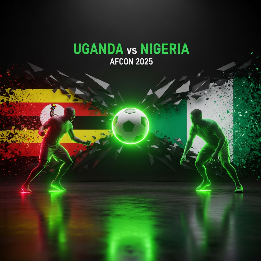 A dynamic, split-screen 16:9 thumbnail with a dark, moody aesthetic and vibrant lime green accents. On the left side, the Ugandan flag dissolves into abstract, dark geometric shapes, with a silhouette of a celebrating football player highlighted by a lime green glow. On the right, the Nigerian flag transitions similarly into dark patterns, with a silhouette of a focused football player also glowing in lime green. In the center, a hyper-realistic football seems to hover, pulsating with bright lime green light. The text "UGANDA vs NIGERIA" is written above the ball in a bold, modern, dark grey font, with "AFCON 2025" in a smaller font below it.