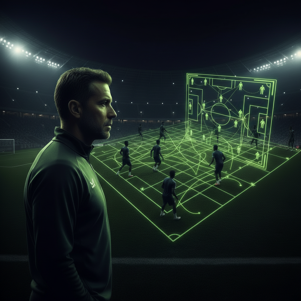 A close-up shot of a determined football player, mid-action during a night game with intense stadium lights, symbolizing attacking intent.