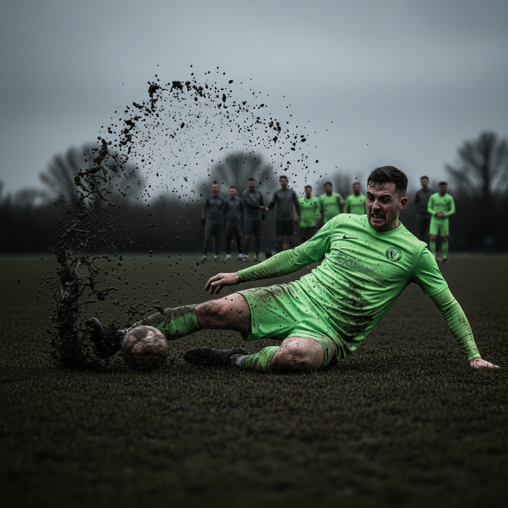 Sunday League players battle for the ball on a muddy winter pitch.