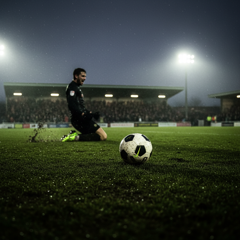 A crowd of dedicated non-league fans in lime green and dark colours cheering during a cold Boxing Day football match.
