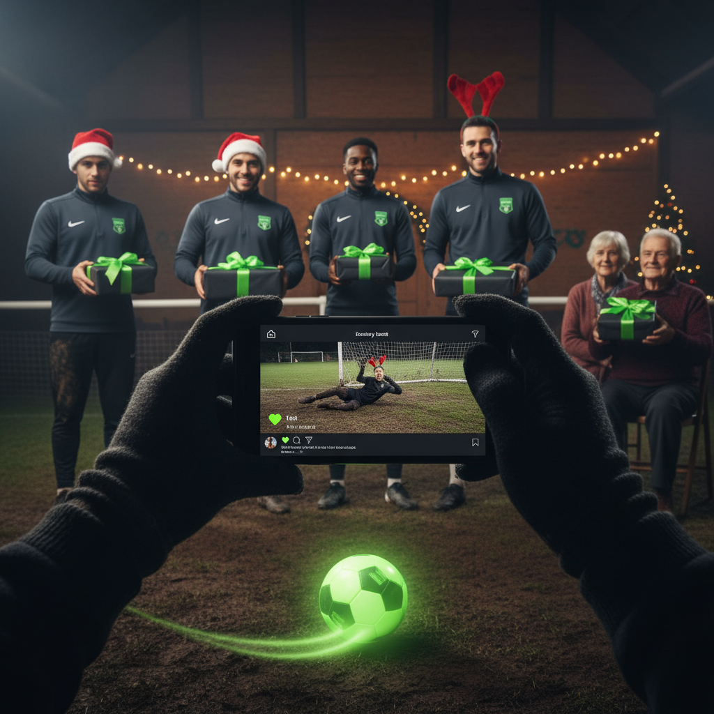 A smartphone screen showing a funny Sunday League Christmas football blooper on an Instagram Reel with a lime green like button.