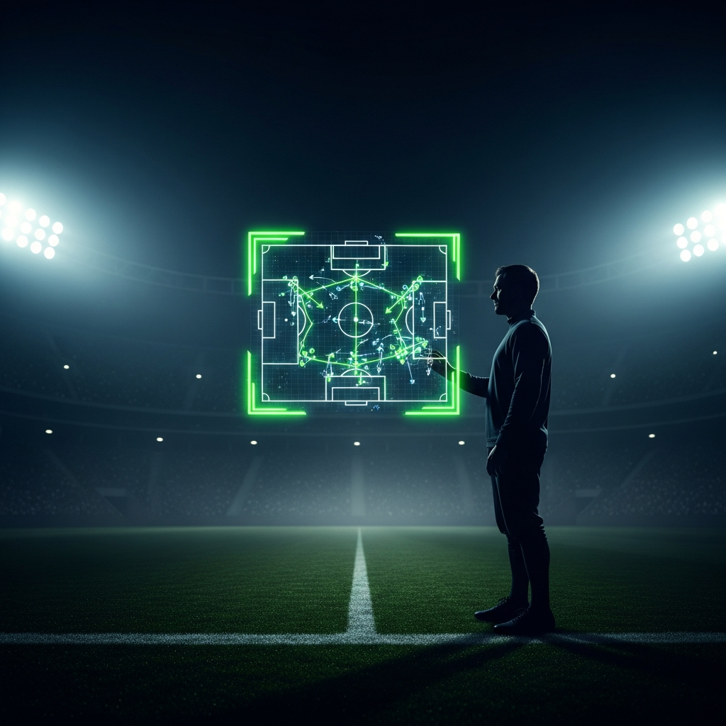A dramatic, cinematic shot of a football coach's silhouette against a dark, moody background with a glowing lime green tactical diagram.