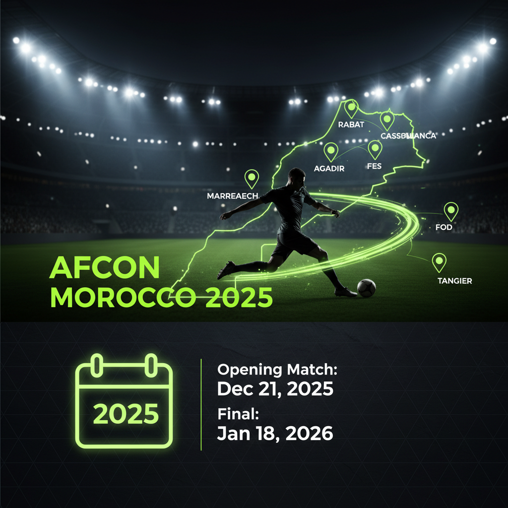Graphic highlighting key dates for the Africa Cup of Nations 2025-2026 tournament in Morocco.