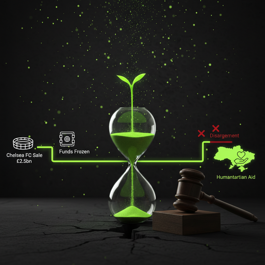 Infographic showing the journey of the frozen £2.5 billion from the Chelsea FC sale, highlighting the deadlock and the intended destination of Ukrainian humanitarian aid.