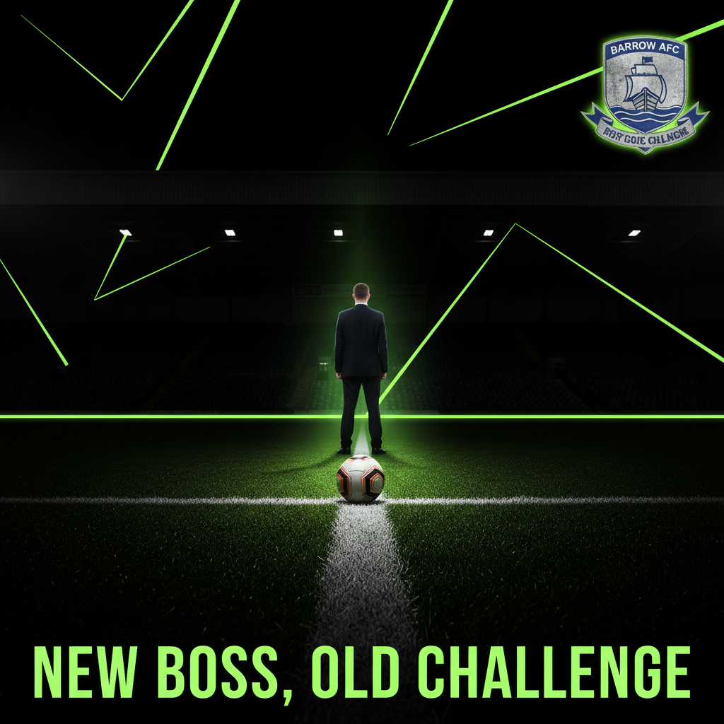 A close-up, high-contrast image of the Barrow AFC club crest with a metallic texture, set against a dark, abstract background with sharp geometric lines of lime green light.