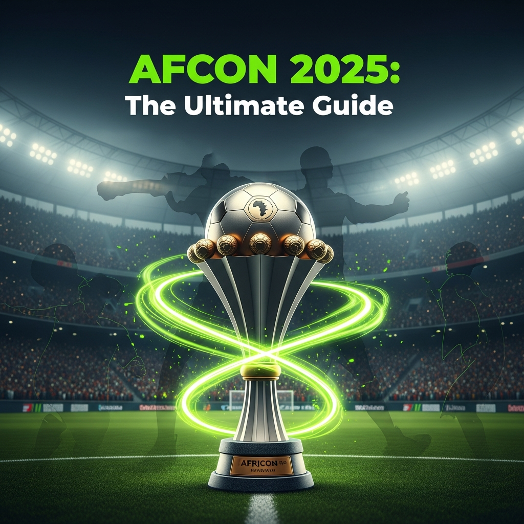 A gleaming silver AFCON trophy with lime green energy trails, against a dark blurred football stadium background, with "AFCON 2025: The Ultimate Guide" text.
