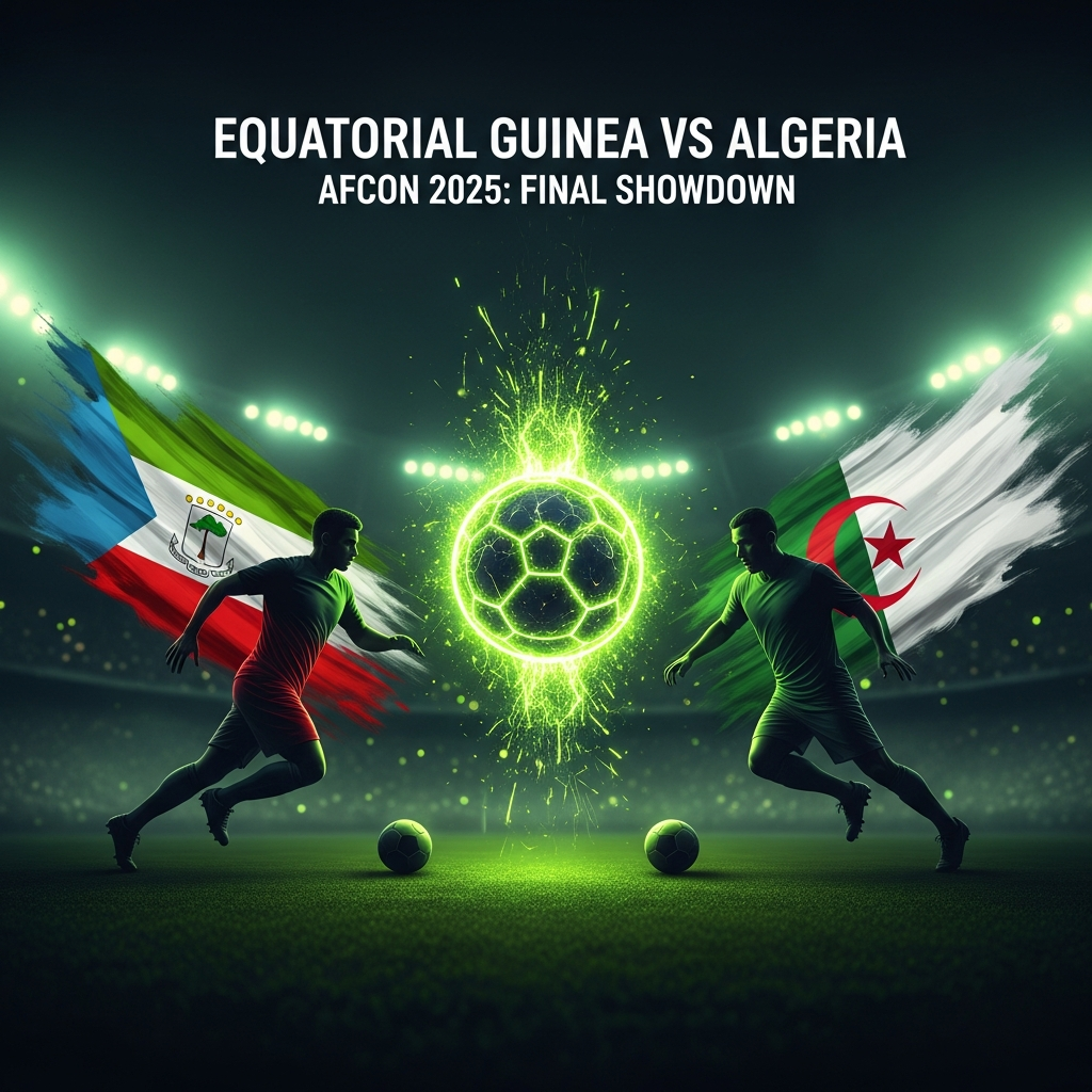 A cinematic football poster showing abstract flags of Equatorial Guinea and Algeria with a glowing football. AFCON 2025: Final Showdown.
