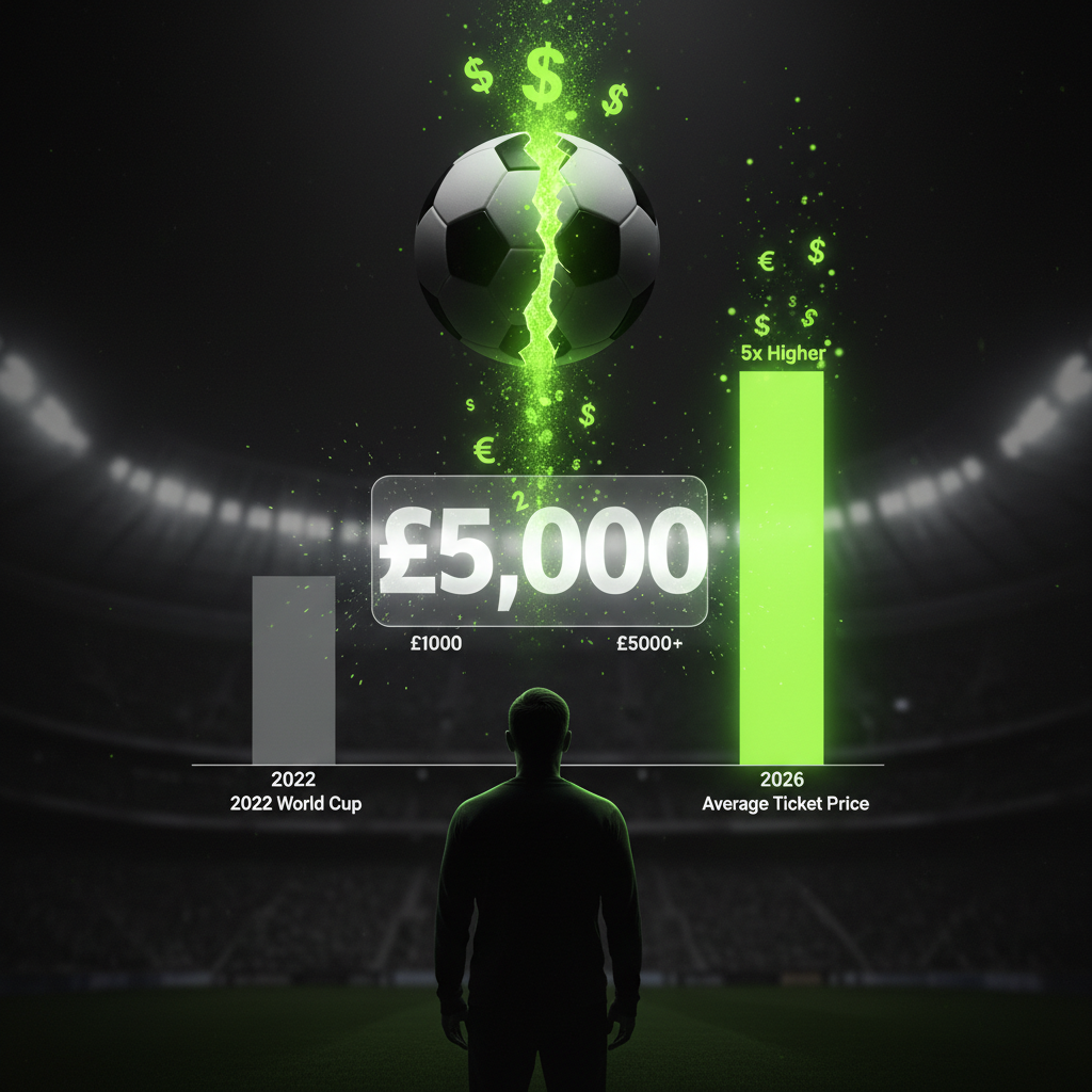A lime green and dark chart showing the dramatic rise in FIFA World Cup ticket prices from 2022 to 2026.