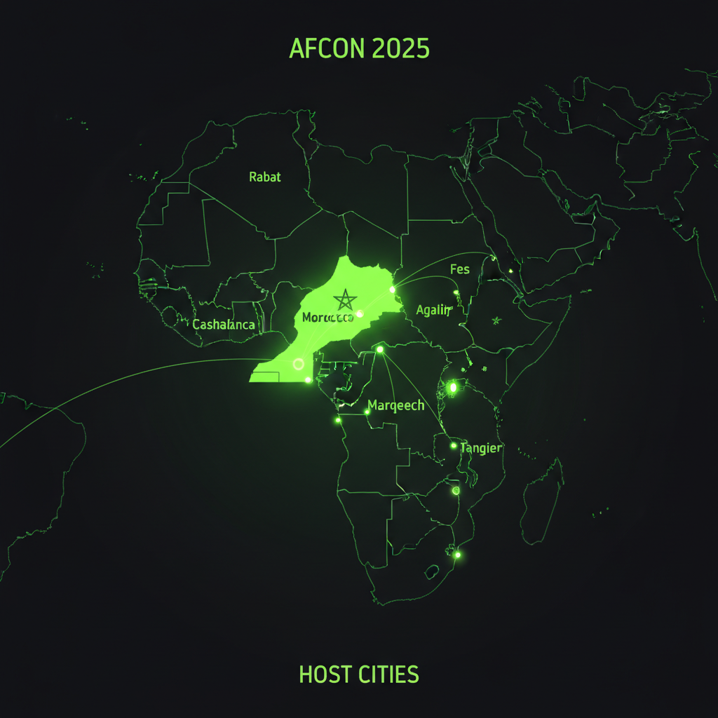 Stylized map of Africa with Morocco highlighted in vibrant lime green, showing host cities and connections to other qualified nations, representing AFCON 2025.