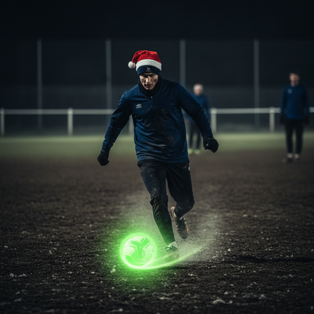 Sunday League players volunteering at a Christmas community event, smiling as they hand out presents with lime green ribbons.