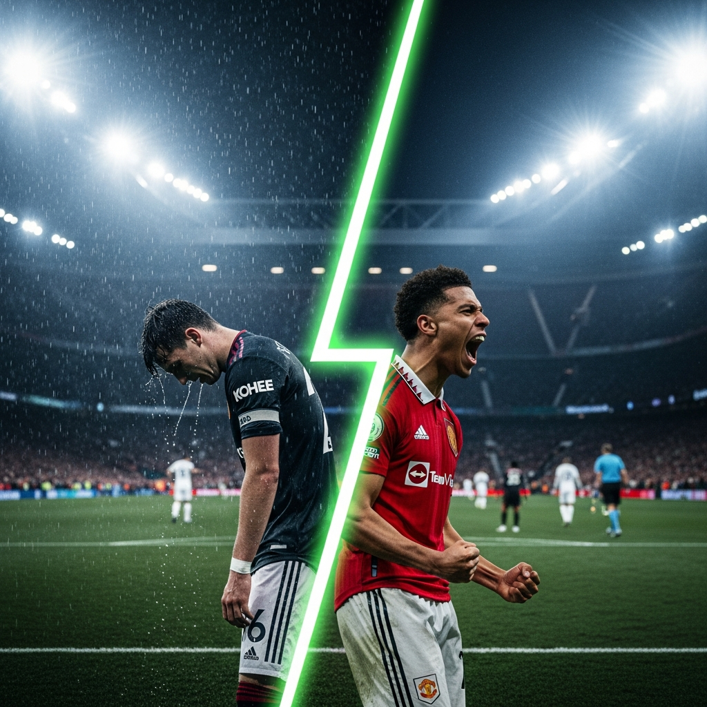 Manchester Uniteds dramatic fortunes: player dejected in rain vs. celebrating under lights, split by lime green lightning bolt.