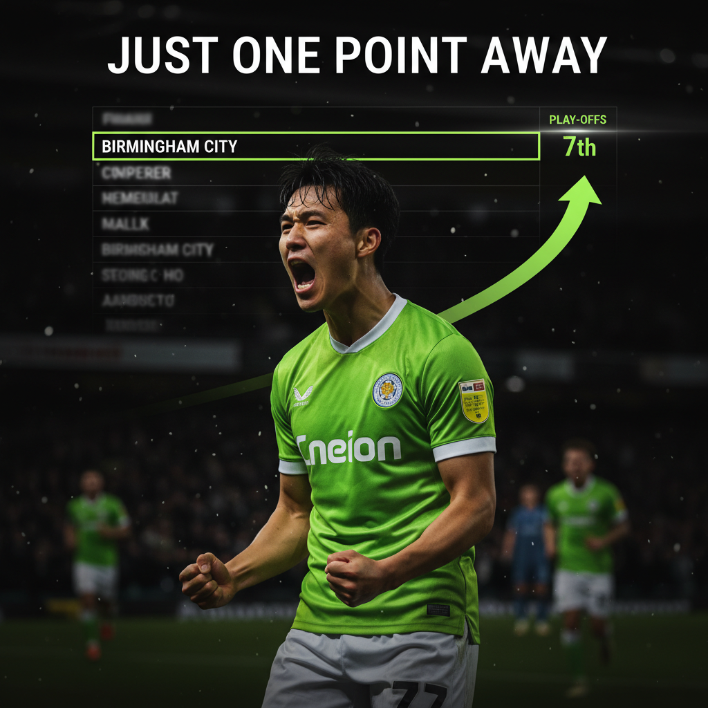 A dark-themed graphic with lime green highlights showing Birmingham City in 7th place in the Championship table, just one point away from the play-off spots.