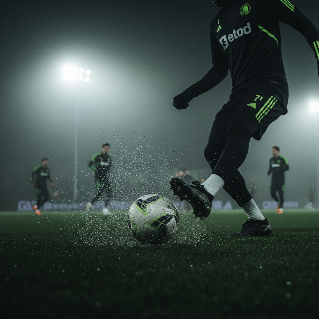 A professional footballer in a dark kit with lime green details trains on a misty pitch on Christmas morning.