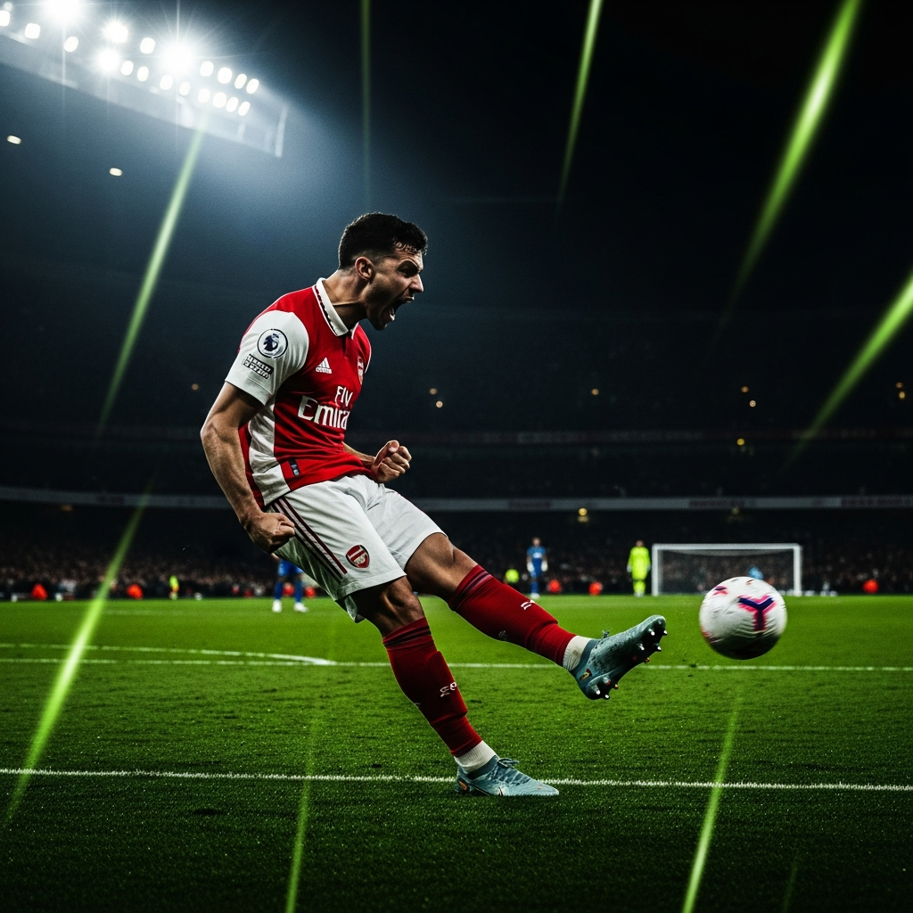 A dramatic, moody 16:9 thumbnail for a blog post about the Premier League title race. An Arsenal player celebrates a crucial goal under stadium floodlights, with abstract lime green streaks.