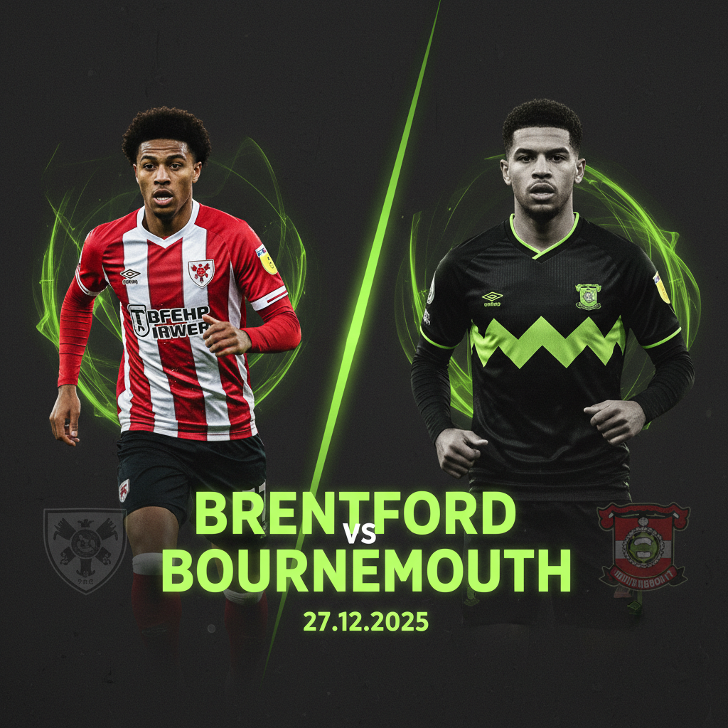 Infographic showing the head-to-head stats between Brentford and Bournemouth, with a lime green and dark color scheme.