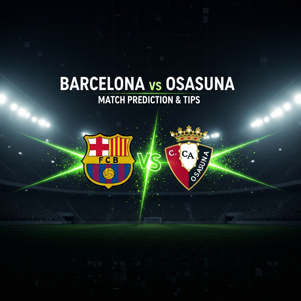 A dramatic, high-contrast 16:9 thumbnail for a football match prediction blog post. The background is a dark, moody abstract texture, almost black. In the center, the iconic crests of FC Barcelona and CA Osasuna are positioned side-by-side, glowing with an intense, futuristic lime green neon light. Subtle lime green light rays and digital particle effects emanate from the crests, clashing in the middle. The text "BARCELONA vs OSASUNA" is written in a bold, modern, sans-serif font in a crisp white color above the crests, with "MATCH PREDICTION & TIPS" in a smaller lime green font below. The overall aesthetic is sleek, energetic, and tech-focused with a dominant lime green and dark color scheme.