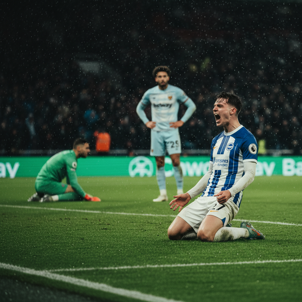 Brighton's Georginio Rutter celebrates his late equalizer with intense emotion under a lime green stadium light.