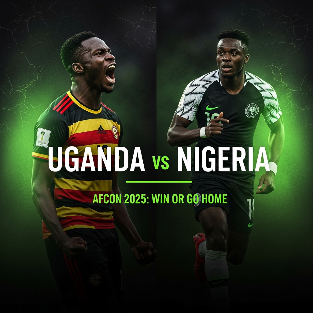 A dramatic 16:9 football-themed thumbnail with Ugandan and Nigerian players, representing the AFCON 2025 match: Win or Go Home.