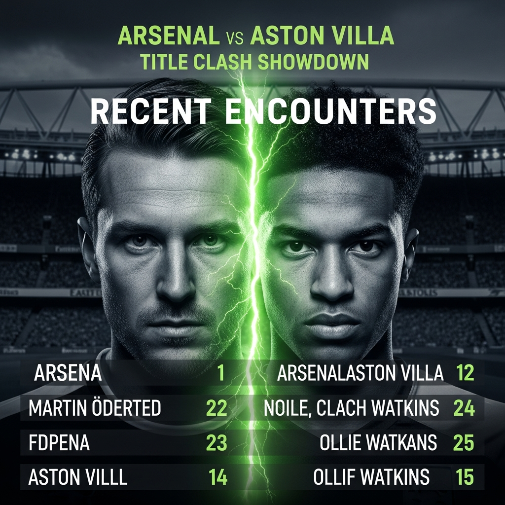 Dramatic thumbnail of Arsenal vs Aston Villa match with Martin Ødegaard and Ollie Watkins, against a dark Emirates Stadium background.