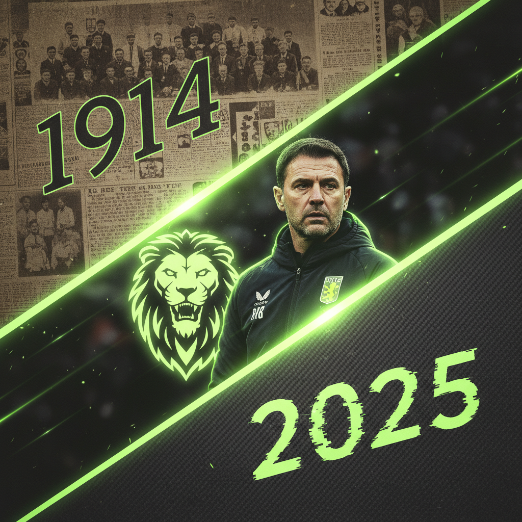 A graphic comparing Aston Villa's winning runs of 1914 and 2025 using vintage and modern styles with a lime green and dark theme.