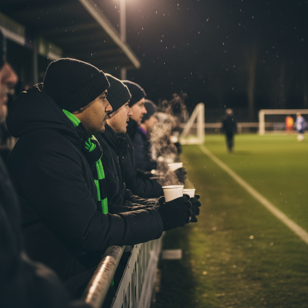 Dedicated non-league football fans watch a Christmas match from the sidelines.