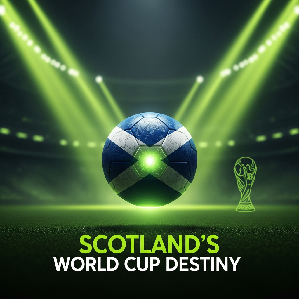 Cinematic thumbnail featuring a football with the Scottish Saltire, glowing lime green light, and dramatic stadium background, with the text Scotland's World Cup Destiny.