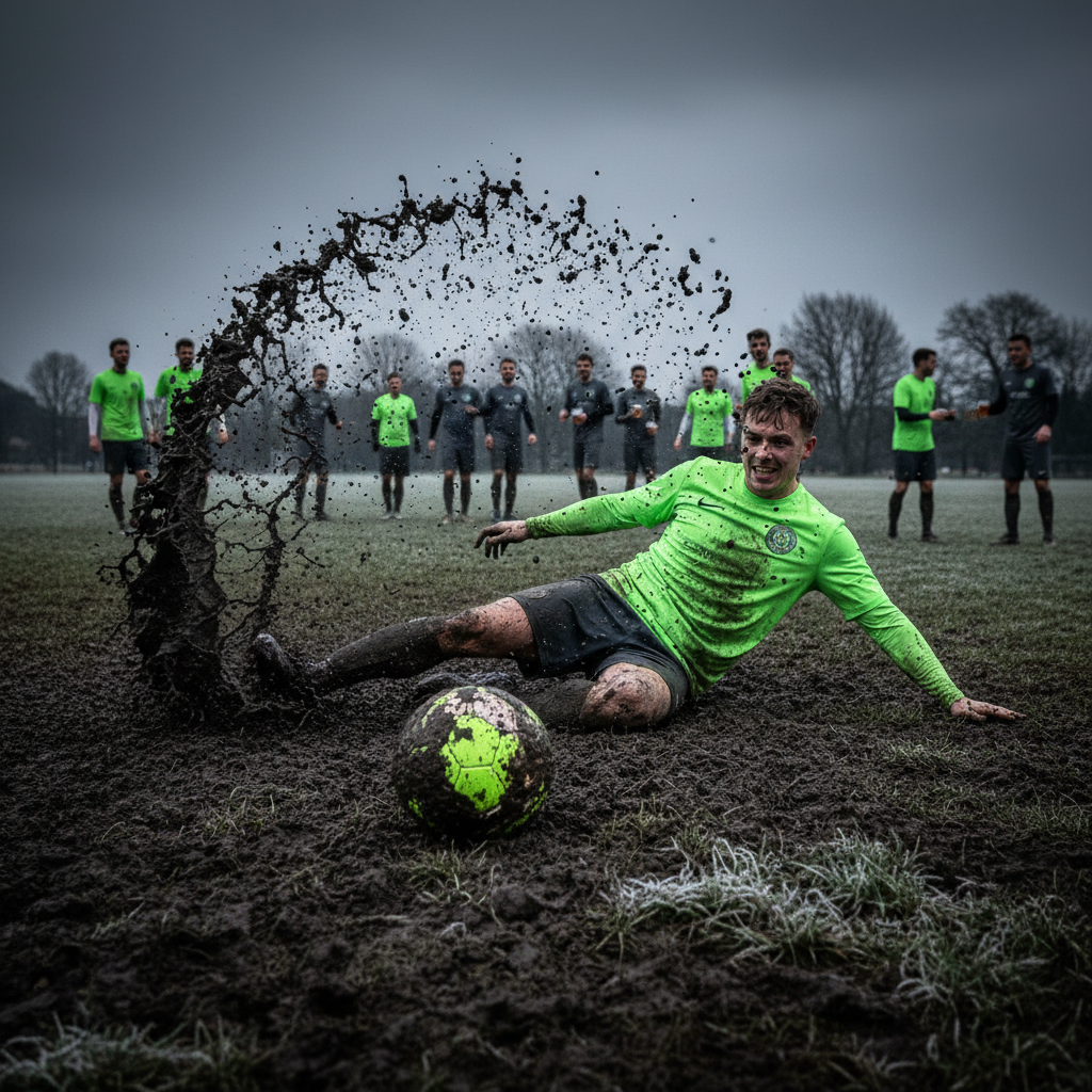 Sunday League players in dark and lime green kits shake hands after a festive football match.