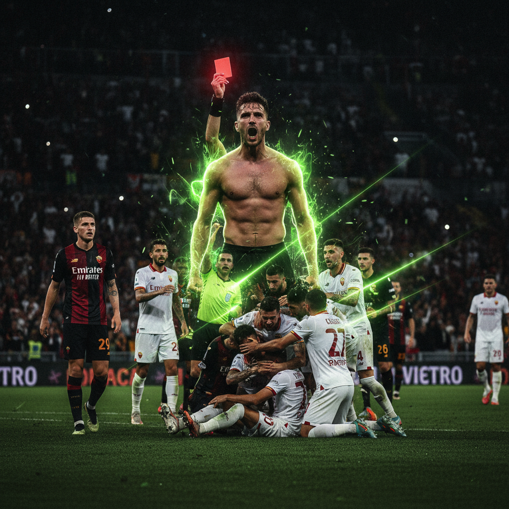 AS Roma's Zeki Celik receives a red card during the Serie A match against Cagliari.