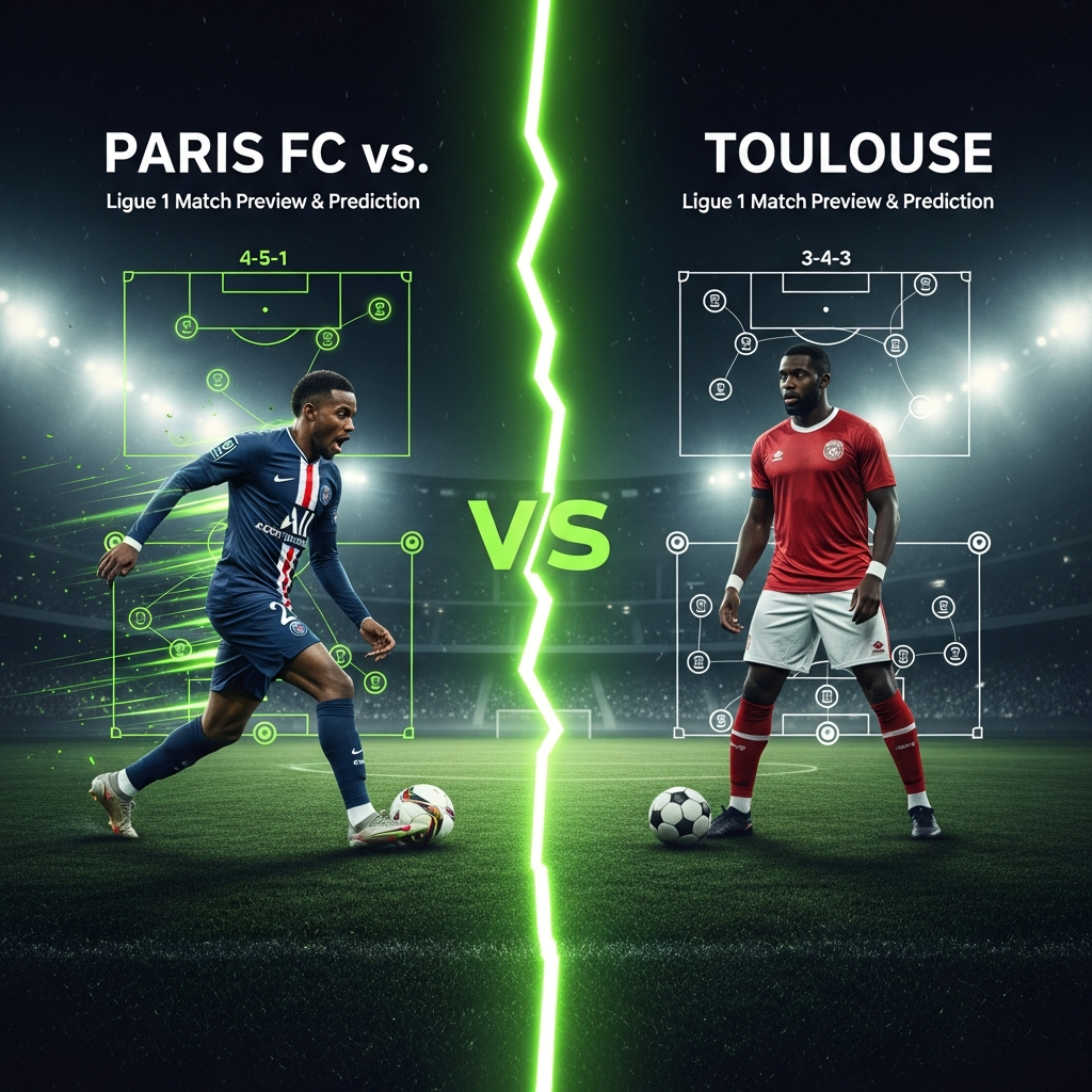 A dramatic, split-screen 16:9 thumbnail with a dark, moody tone and vibrant lime green accents. On the left, a Paris FC player is featured in a dark blue home kit, captured mid-stride with a look of intense determination. On the right, a Toulouse player in their away kit strikes a powerful pose, looking directly at the camera. A glowing, jagged lime green energy line separates the two players vertically down the center. The background is a dark, textured charcoal grey. The text "PARIS FC vs. TOULOUSE" is written in a bold, modern, dark font across the top, with "Ligue 1 Match Preview & Prediction" in a smaller font below.