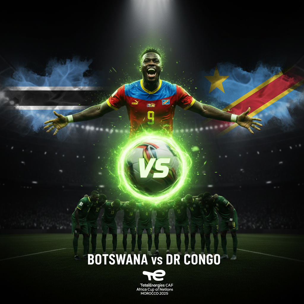 DR Congo_s Cédric Bakambu celebrating a goal with dramatic lime green lighting at AFCON 2025.