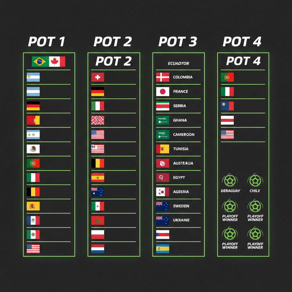 Graphic illustrating the four pots for the 2026 FIFA World Cup draw with a dark background and lime green accents.