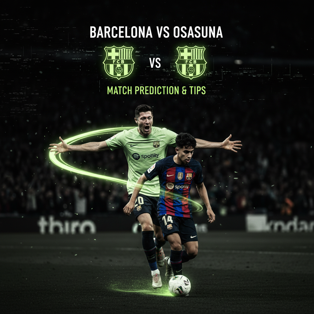 Robert Lewandowski celebrates a goal for Barcelona in a La Liga match with a lime green light effect.