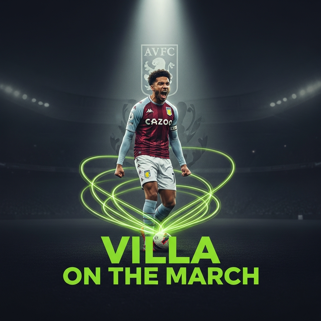 A dynamic, celebratory digital art image of Youri Tielemans in an Aston Villa kit, mid-shout after scoring. He is the central focus, illuminated by a dramatic spotlight. Swirling trails of vibrant lime green light emanate from the football at his feet, contrasting sharply against a dark, atmospheric background that suggests a stadium at night. The Aston Villa crest glows faintly in the dark charcoal-toned background. Bold, modern text in lime green at the bottom reads: "VILLA ON THE MARCH".