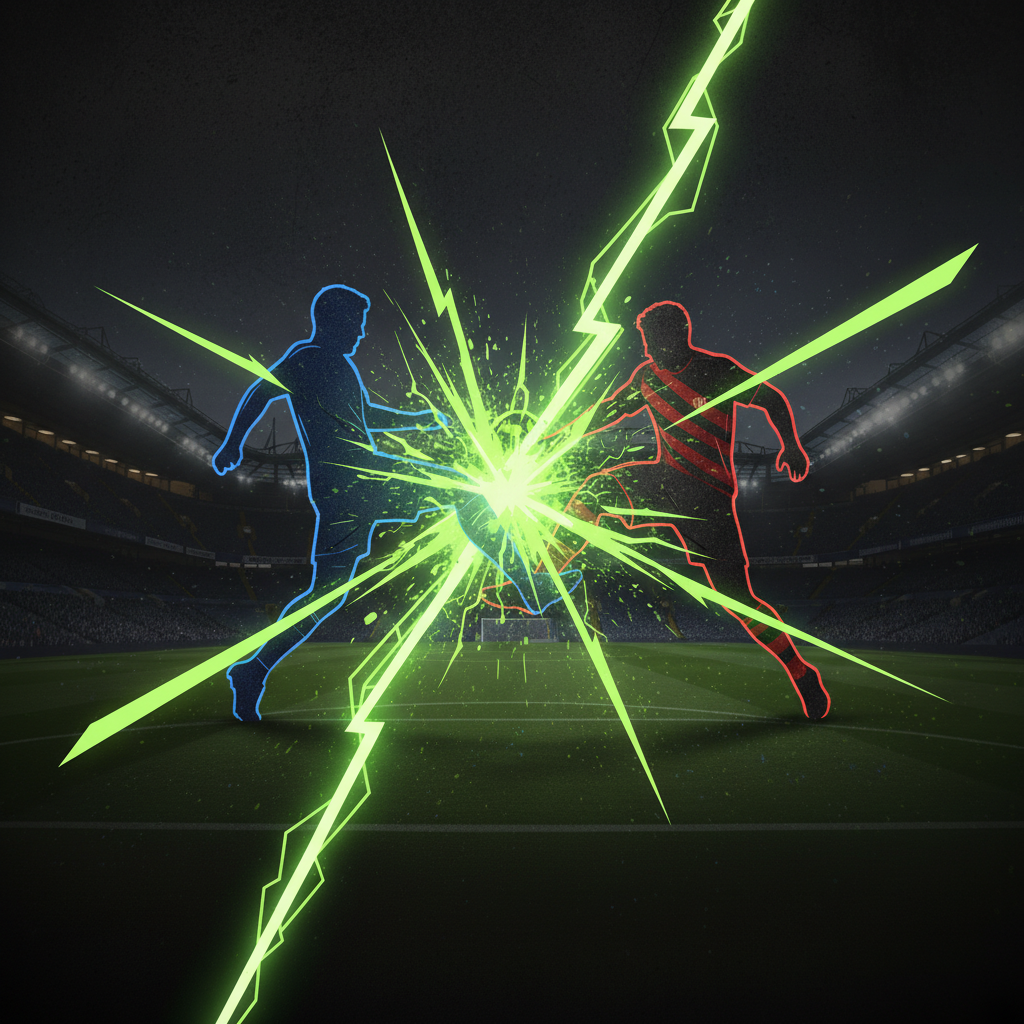Graphic illustration of a tackle between a Chelsea and Bournemouth player with a lime green energy burst.